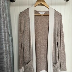 Barefoot Dreams Open-Front Cardigan in Taupe with Cream Trim
